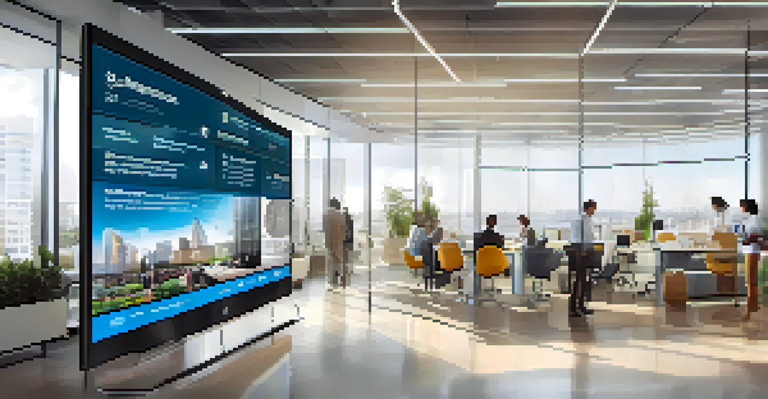 A digital screen in a modern office displaying a company's corporate social responsibility initiatives and engaging graphics.