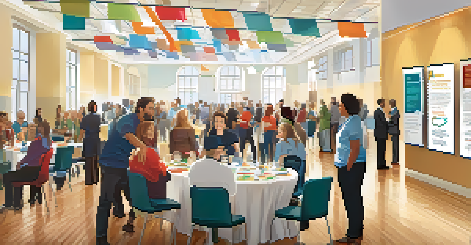 A networking event for volunteers in a spacious hall with people engaging in friendly conversations.