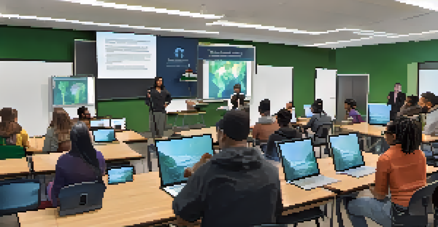 A community workshop where individuals are learning digital literacy with an instructor and digital devices.