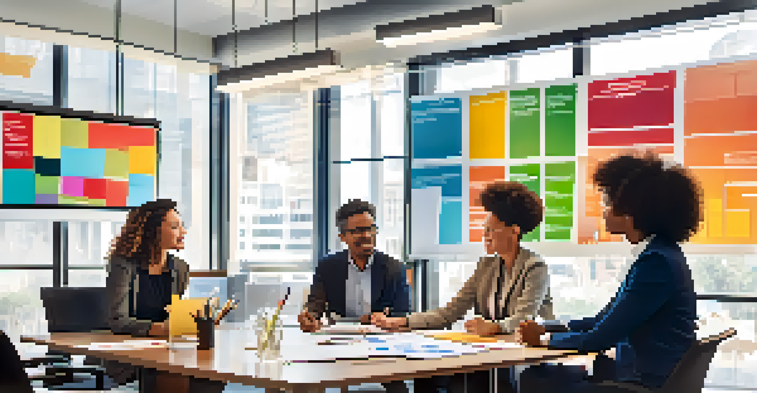 A diverse group of professionals collaborating in a modern conference room with a flip chart in the background.