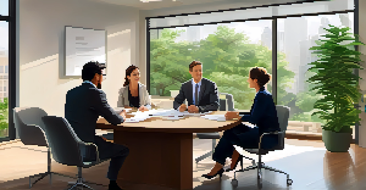 A job interview scene with professionals discussing resumes in a bright office.