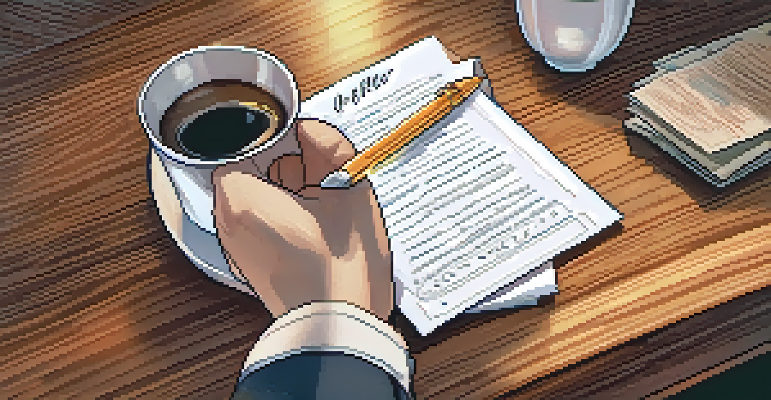 A close-up of a hand reviewing a job offer letter with a cup of coffee and a notebook in the background.