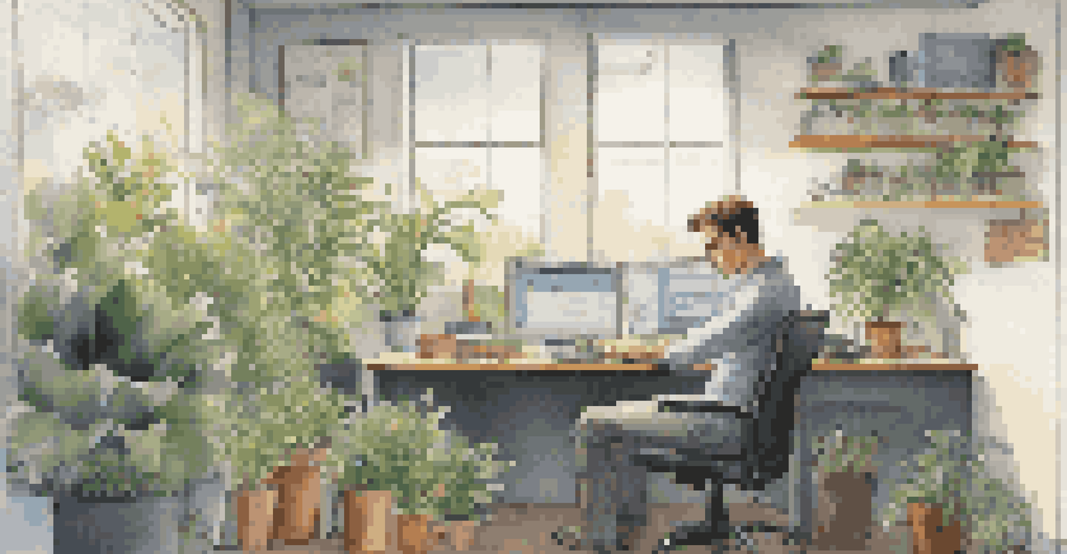 A young man practicing stress management techniques at his workstation, surrounded by plants and a calming atmosphere in a modern office.