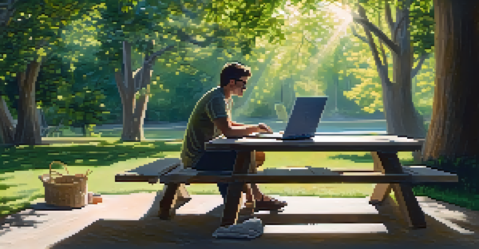 A person working on a laptop in a tranquil outdoor setting surrounded by nature.