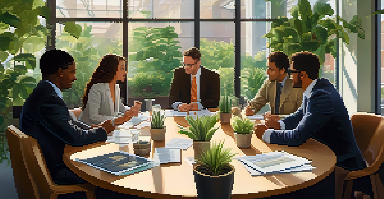 A diverse group of professionals networking in an office environment, exchanging ideas and business cards.