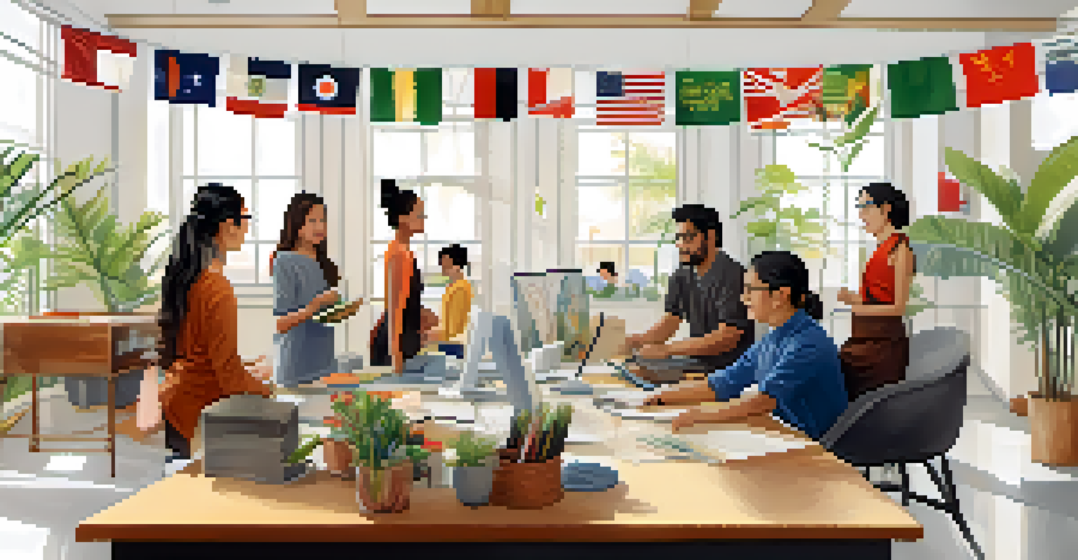 An office space decorated with cultural artifacts where diverse employees are engaged in friendly discussions.