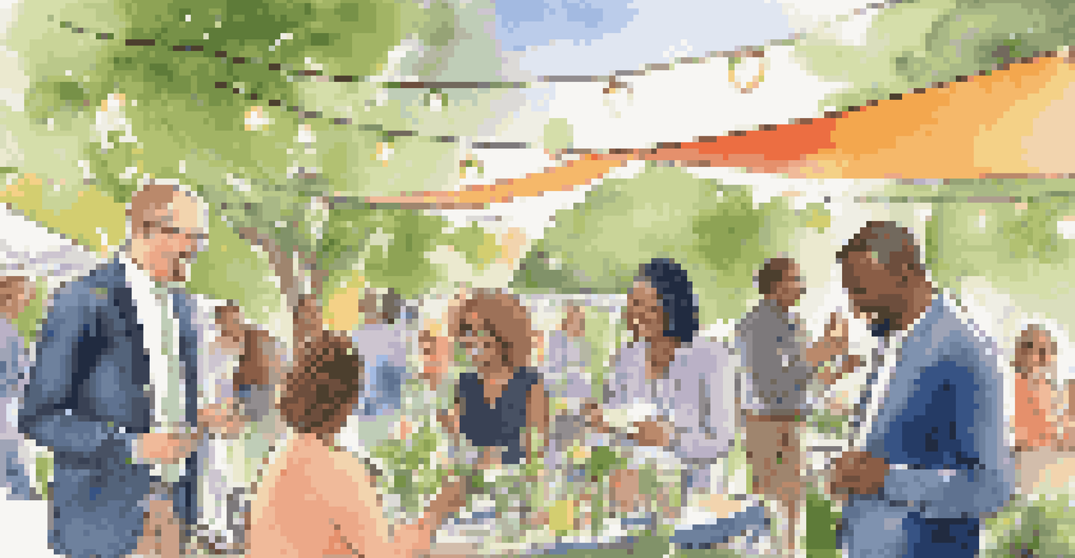 A lively outdoor networking event with professionals talking and exchanging business cards in a garden setting.