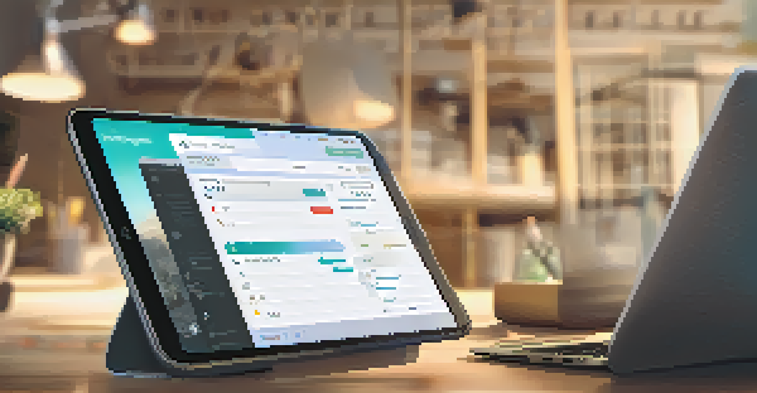 A smartphone showing a task management app with organized tasks, while a person works on a laptop in a softly lit room.