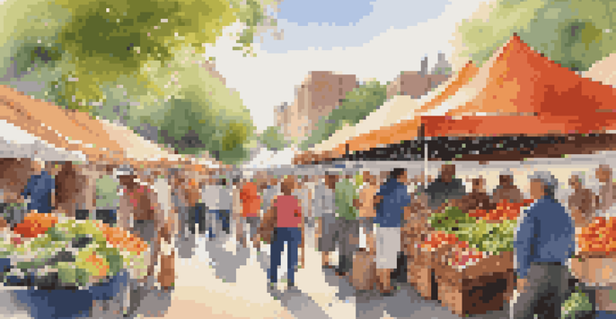 A lively outdoor market filled with colorful fruits and vegetables, with people shopping and talking in a sunny environment.