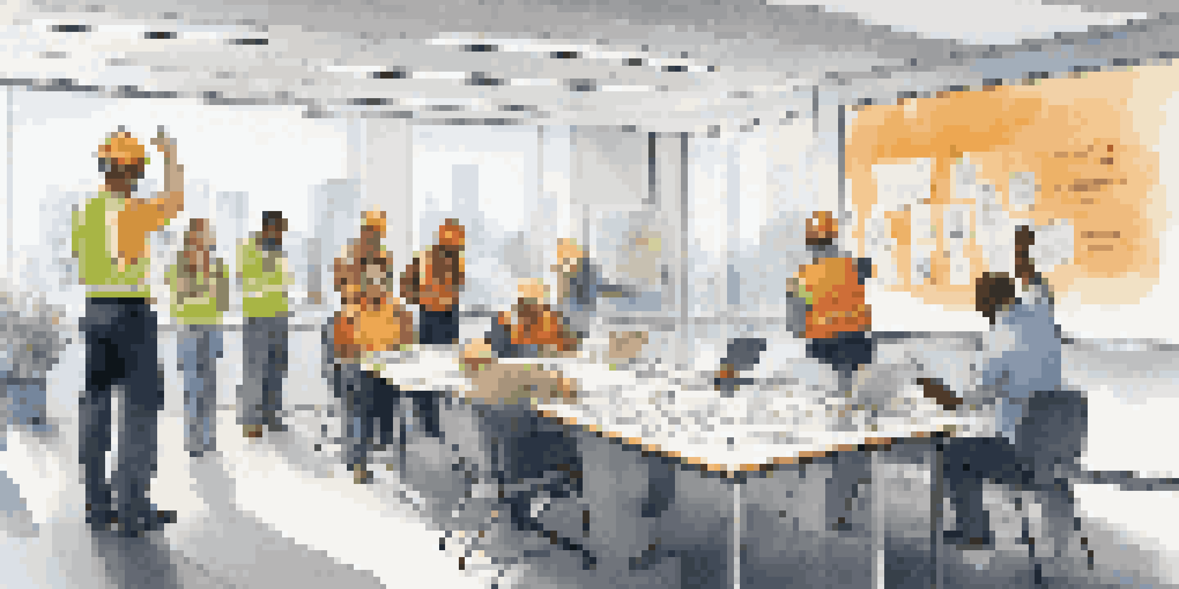 A diverse group of employees participating in a safety training session with a trainer, bright office setting with safety posters.