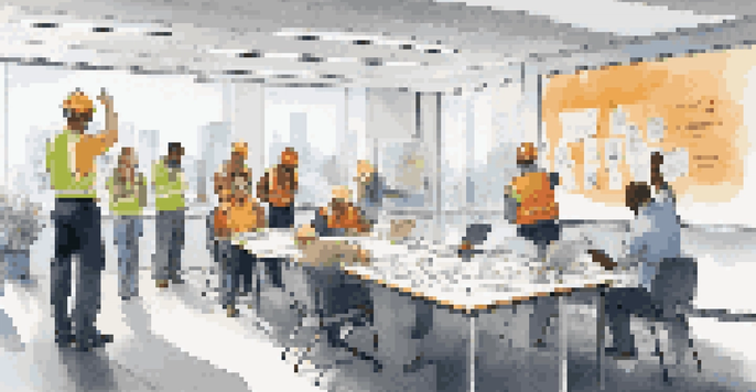 A diverse group of employees participating in a safety training session with a trainer, bright office setting with safety posters.