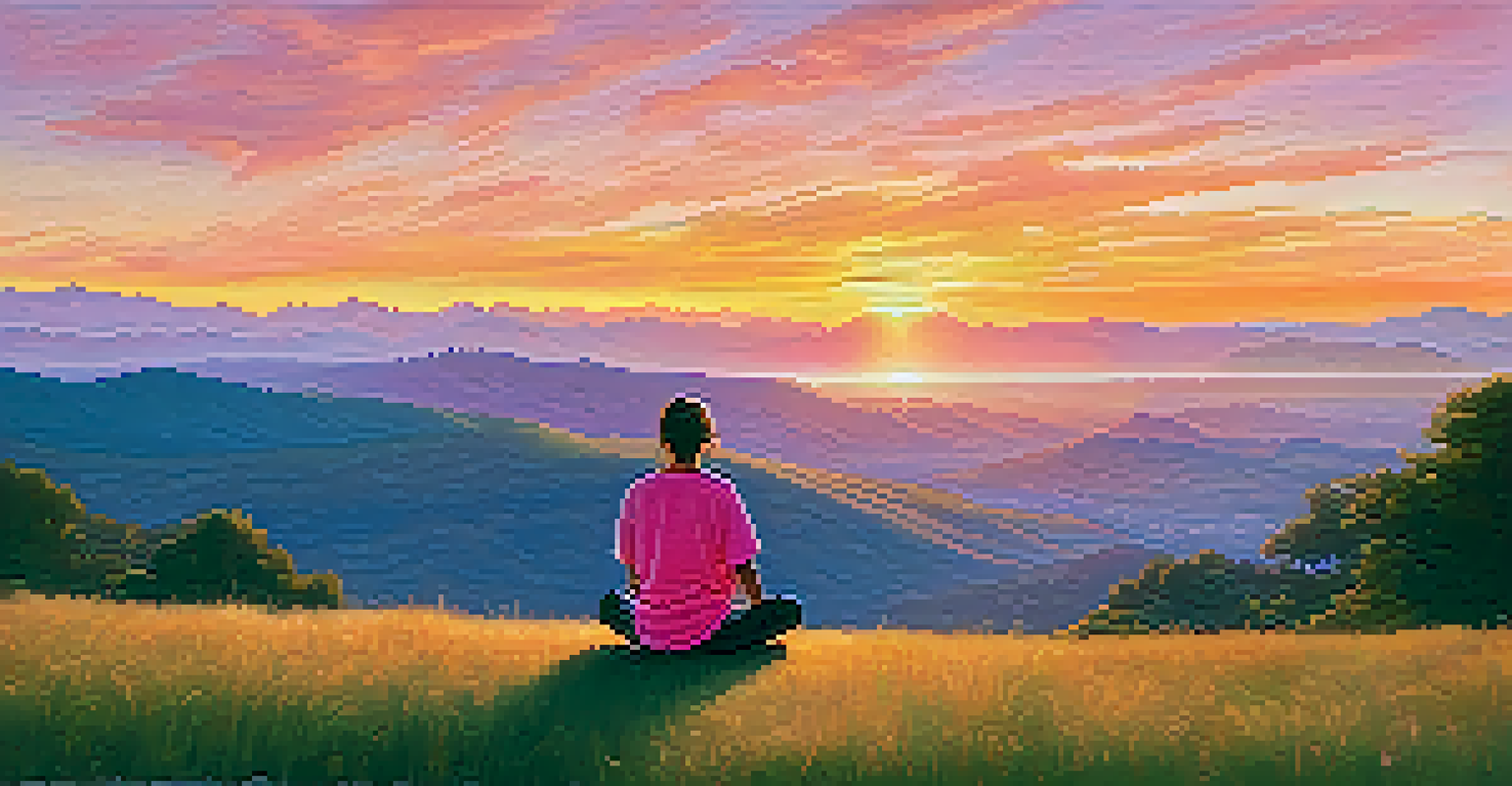 A person sitting cross-legged on a grassy hill at sunset, surrounded by vibrant colors in the sky and distant mountains, embodying mindfulness and tranquility.