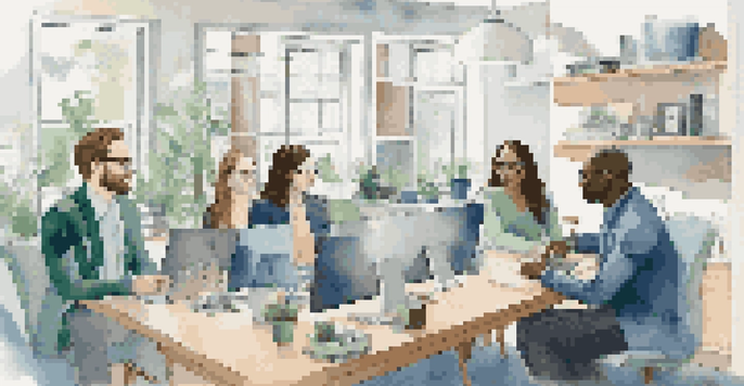 A diverse group of professionals in separate home offices participating in a virtual meeting with laptops open and engaging body language.