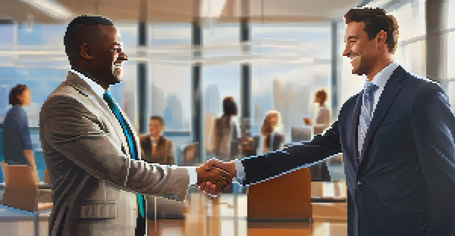 A mentor and mentee shaking hands, symbolizing the start of a mentorship relationship in a professional office environment.