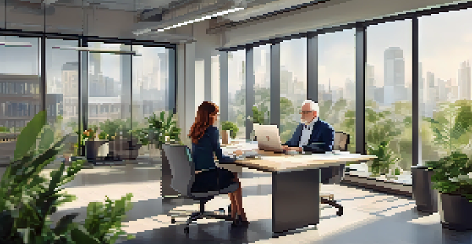 A diverse group of employees, including an older man and a younger woman, working together in a bright modern office.