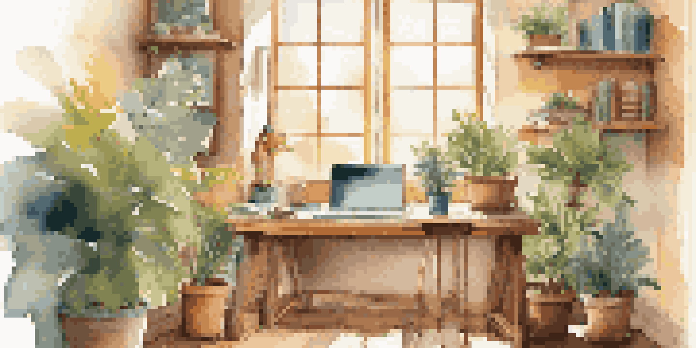A cozy study area with a laptop on a wooden desk, colorful notebooks, a cup of coffee, and potted plants, illuminated by natural light.
