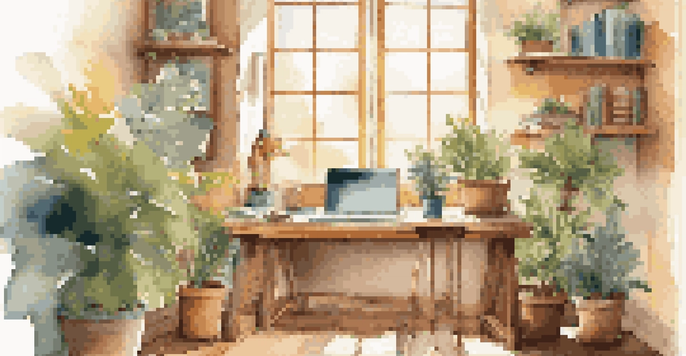 A cozy study area with a laptop on a wooden desk, colorful notebooks, a cup of coffee, and potted plants, illuminated by natural light.