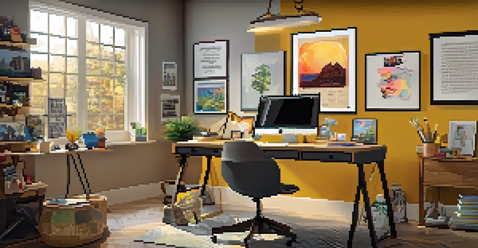 A vibrant creative workspace with art supplies and a laptop, symbolizing creativity and personal expression.