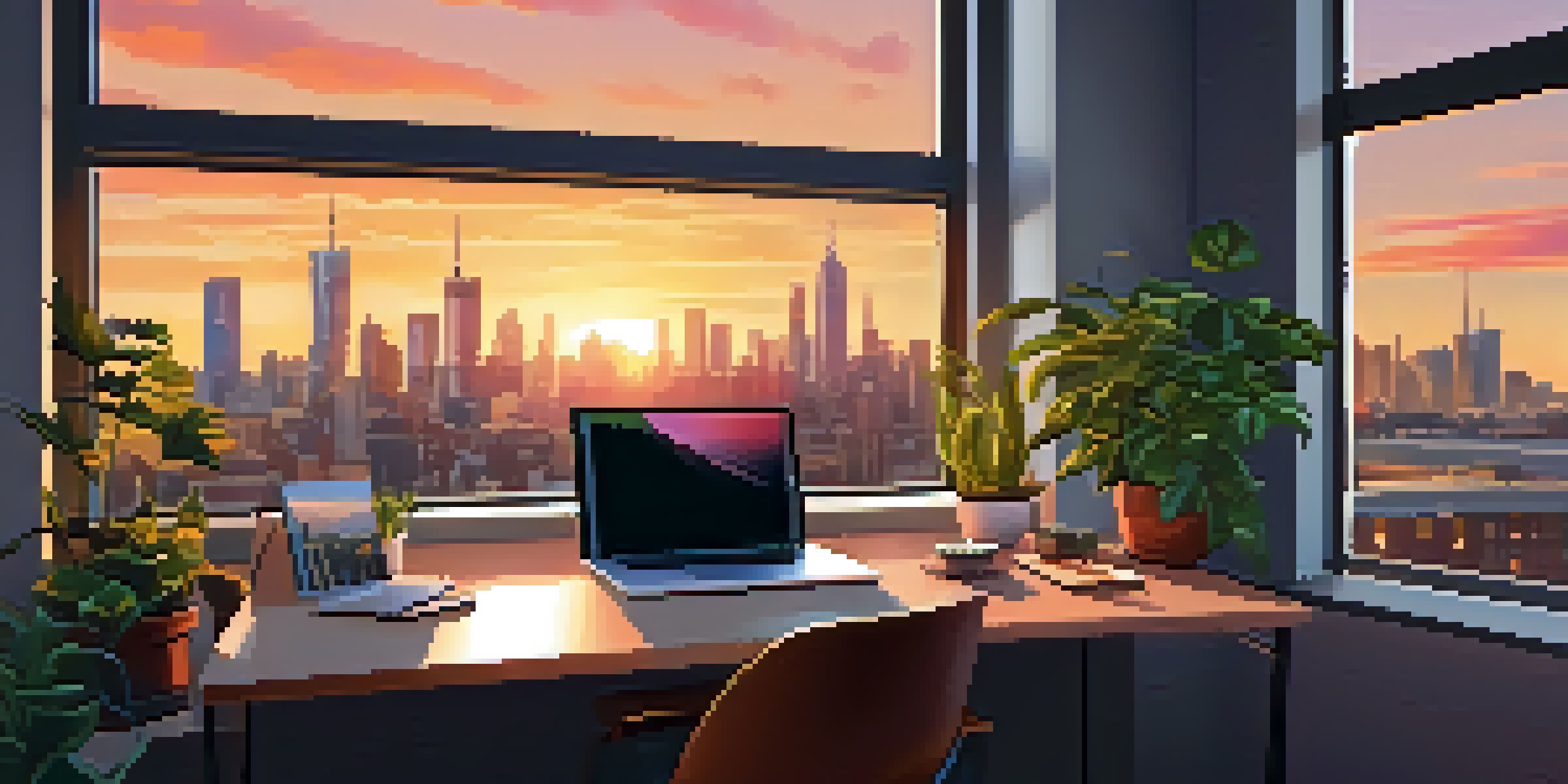 A modern office space with a desk, laptop, plants, and warm lighting, featuring a city skyline view at sunset.