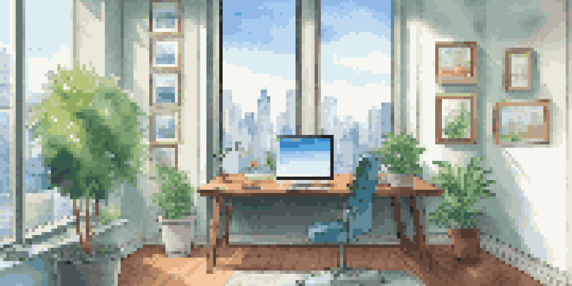 An office space with natural light, a wooden desk, and a city skyline view, featuring a motivational quote on the wall.