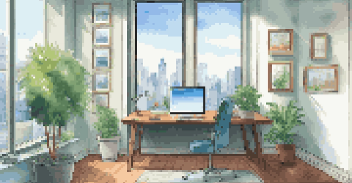 An office space with natural light, a wooden desk, and a city skyline view, featuring a motivational quote on the wall.