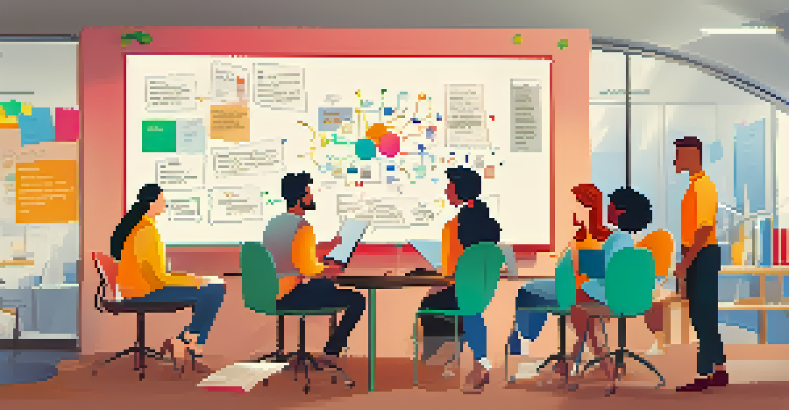 A team of employees in a problem-solving workshop, gathered around a whiteboard filled with diagrams in a colorful, open office space.