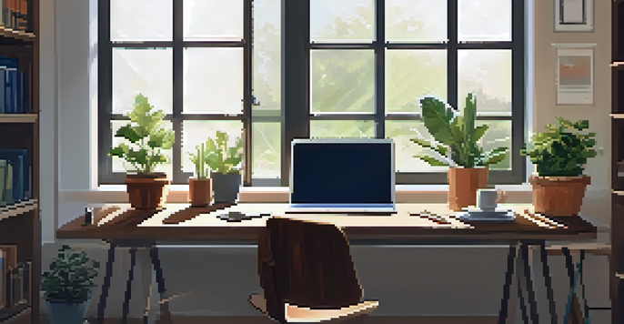 A bright and inviting workspace with a laptop, coffee, and plants, representing a balance between work and personal life.