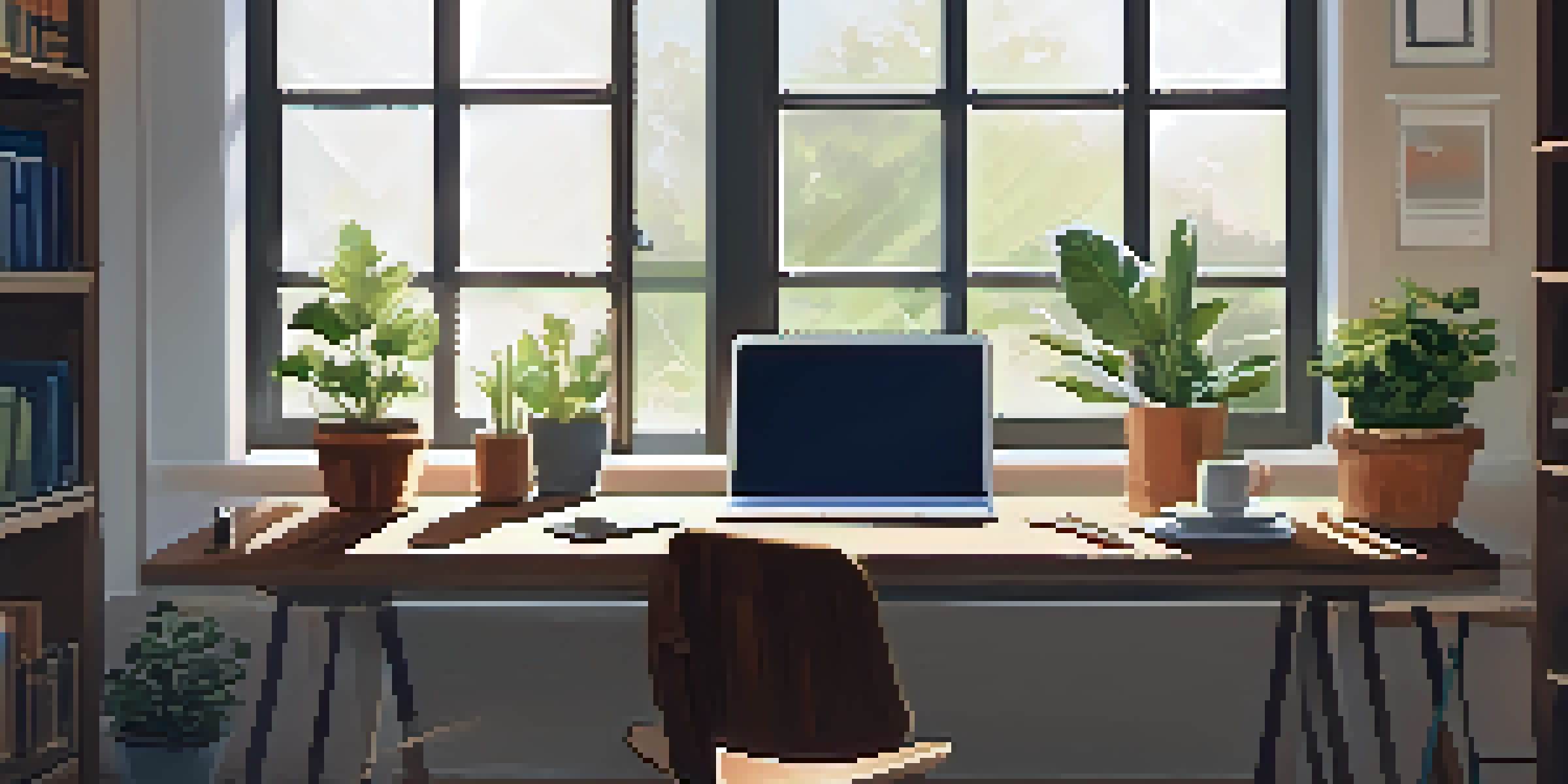 A bright and inviting workspace with a laptop, coffee, and plants, representing a balance between work and personal life.