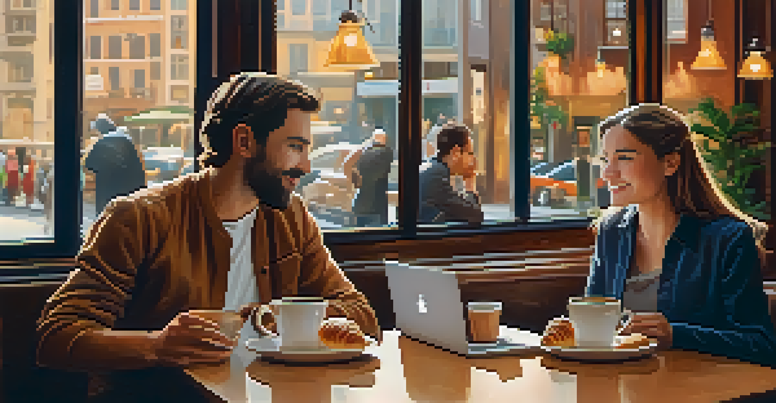 Two professionals having a coffee chat in a cozy café, engaged in discussion with laptops and pastries on the table.