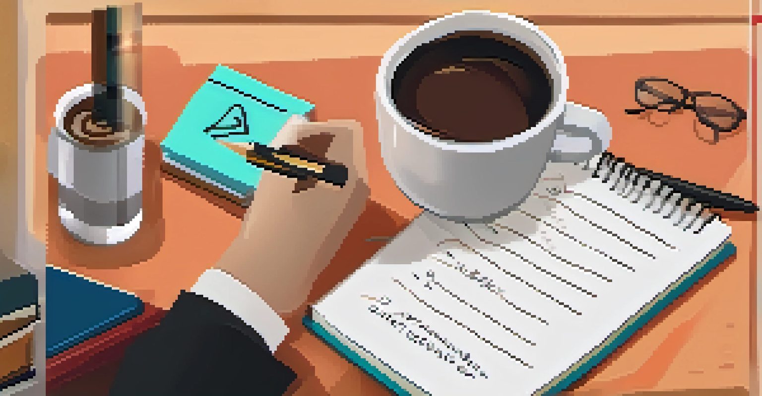 A hand writing SMART goals on a notepad with a cup of coffee in a cozy workspace.