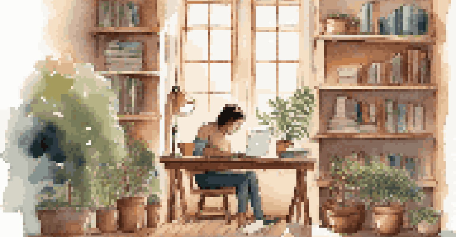 A person studying on a laptop in a cozy nook filled with books and plants, with warm lighting.