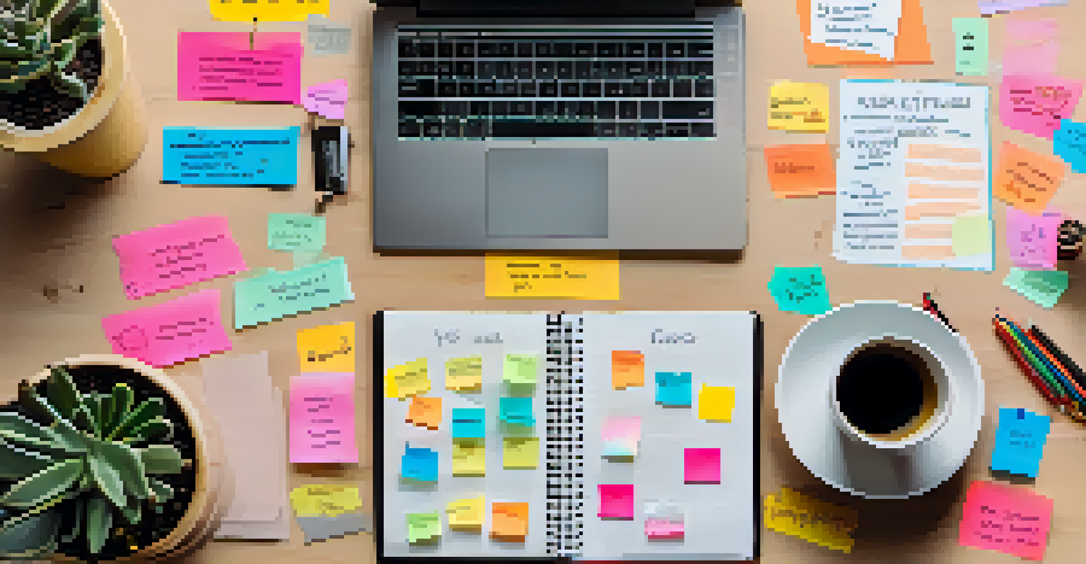 A hand writing career goals on a notepad with colorful sticky notes and a cozy workspace.