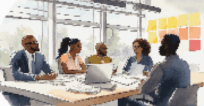 A diverse group of employees collaborating in a meeting, highlighting inclusivity and teamwork.