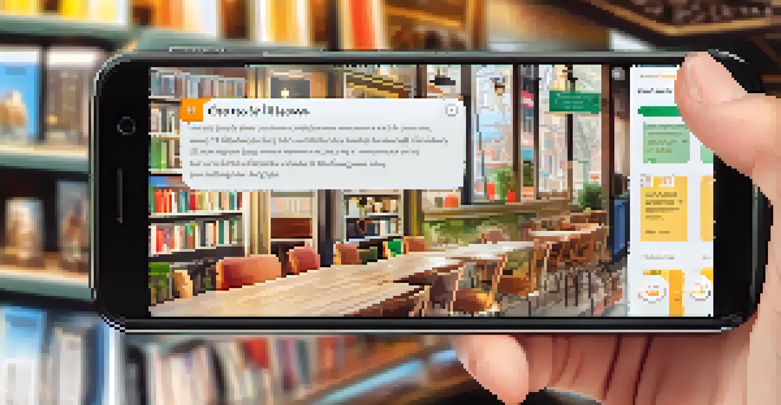 A close-up of a language learning app on a smartphone in a cozy café, with colorful lessons visible on the screen.