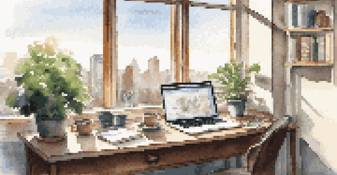 A bright and organized office space with a view of a city skyline, featuring a laptop and a coffee cup on the desk.