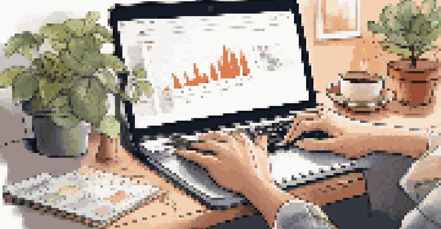 Close-up of hands on a laptop, analyzing data charts, with a coffee cup and notepad nearby, in a warm and inviting workspace.