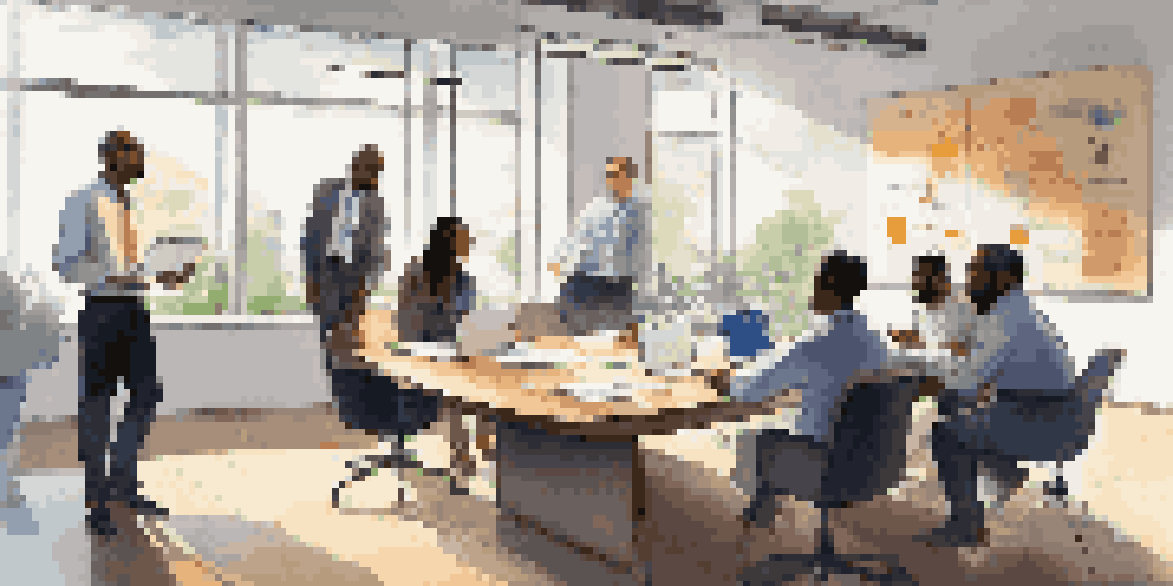 A diverse group of professionals collaborating in a bright modern office room, with laptops and a whiteboard filled with colorful diagrams.