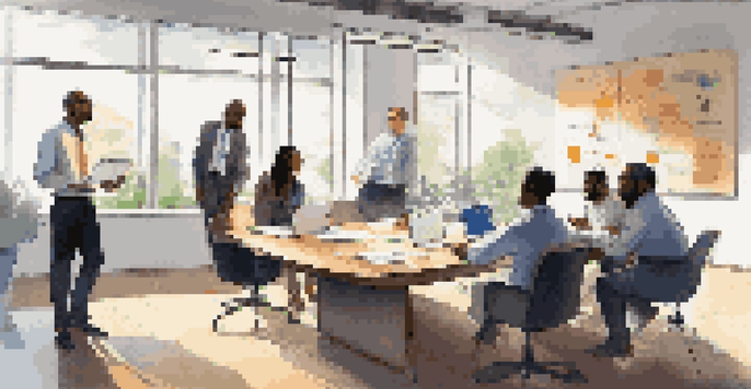 A diverse group of professionals collaborating in a bright modern office room, with laptops and a whiteboard filled with colorful diagrams.