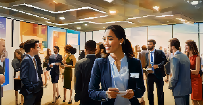A group of diverse recent graduates talking at a networking event, dressed in professional attire, with a banner that says 'Networking Opportunities' in a stylish conference hall.