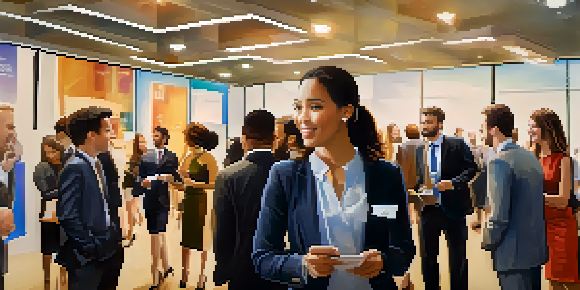 A group of diverse recent graduates talking at a networking event, dressed in professional attire, with a banner that says 'Networking Opportunities' in a stylish conference hall.