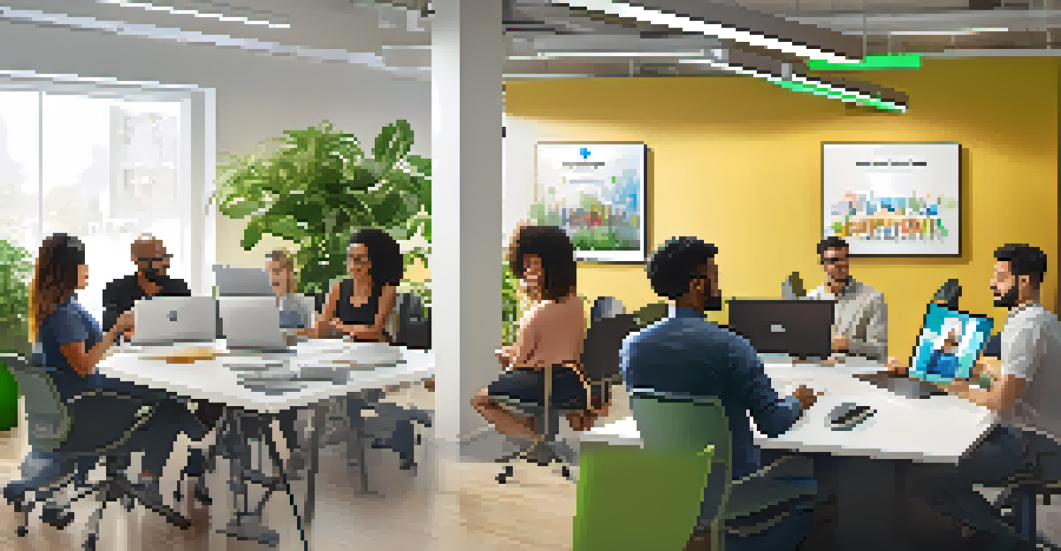 A diverse team of professionals collaborating in a bright office during a video conference.