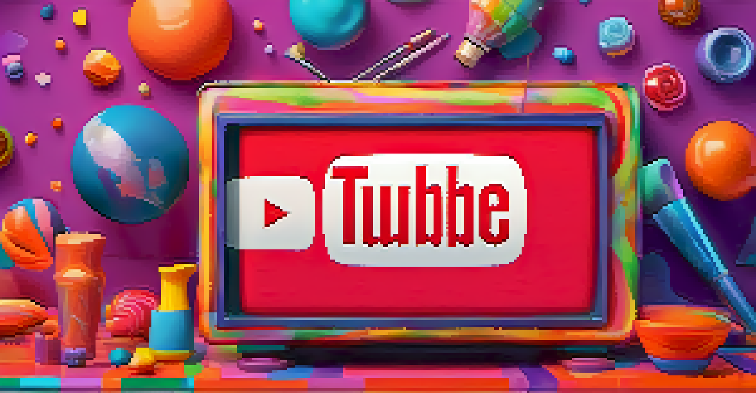 A colorful YouTube video thumbnail with bold text and icons for various content types, set against a vibrant background.