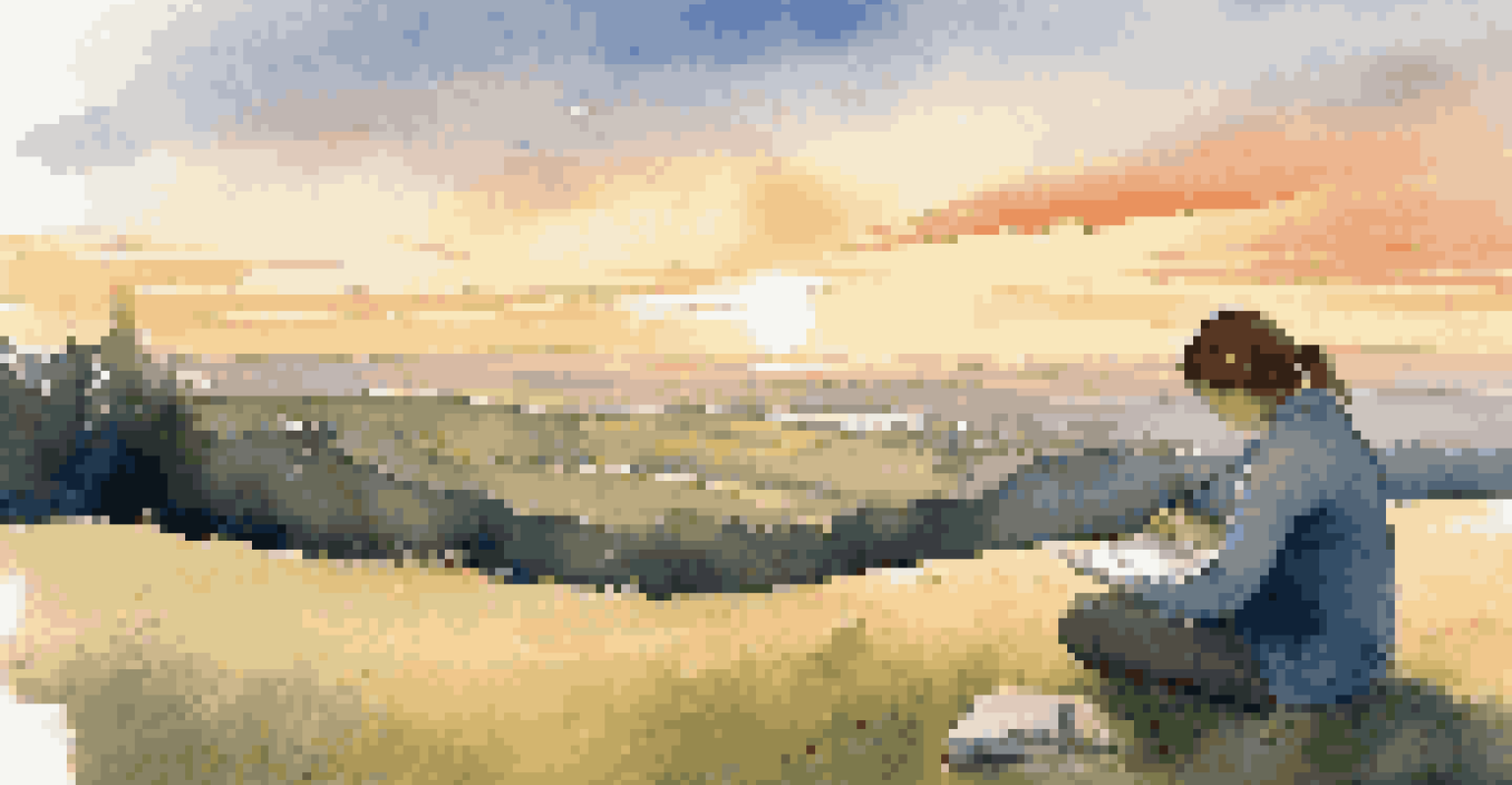 A person writing in a journal on a grassy hill during sunset.