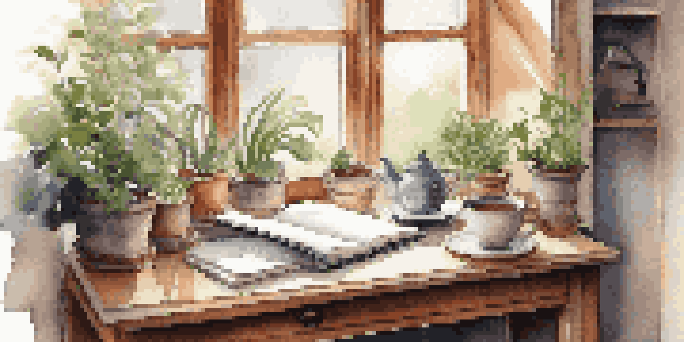 A warm workspace featuring a wooden desk with an open journal, a pen, a cup of herbal tea, and a potted plant, illuminated by soft natural light.