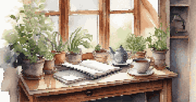 A warm workspace featuring a wooden desk with an open journal, a pen, a cup of herbal tea, and a potted plant, illuminated by soft natural light.