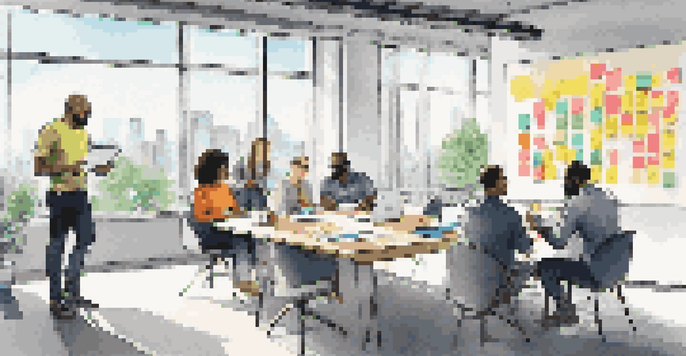 A diverse team brainstorming in a modern office with large windows and a city view.