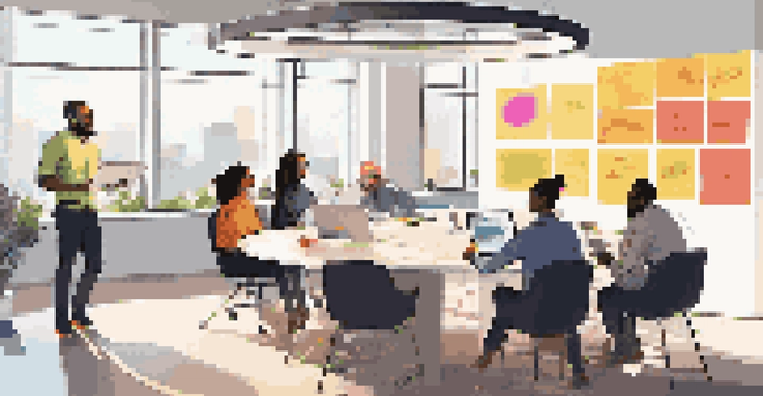 A diverse group of professionals collaborating in a modern office, discussing around a circular table with laptops and colorful notes.