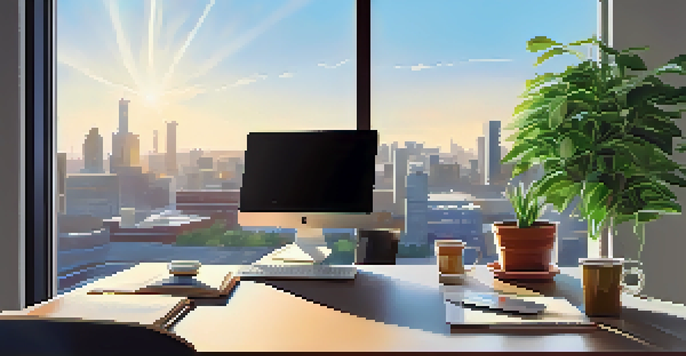 An office space with a city view, featuring a desk with a laptop, plant, and coffee mug, illuminated by soft morning light.