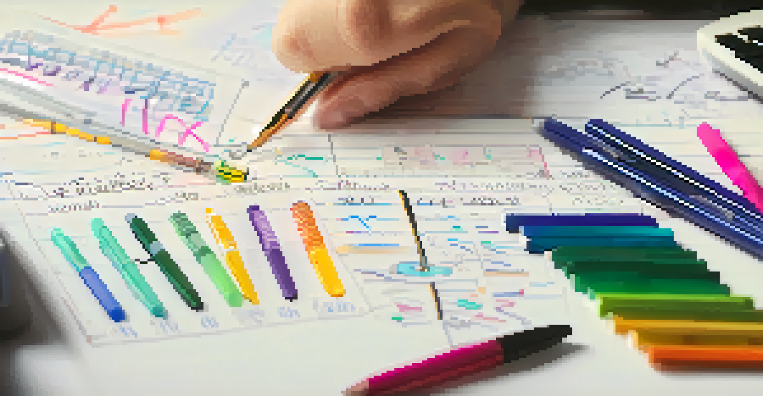A close-up of a hand writing a budget plan in a notebook with colorful pens and a calculator in the background.
