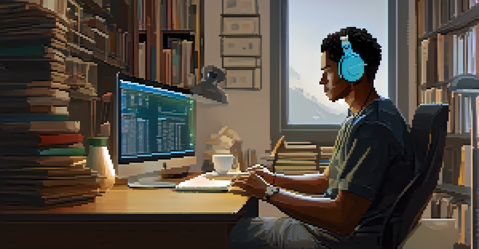 A person learning online at a desk, wearing headphones and focused on a computer screen with coding tutorials in a cozy room.